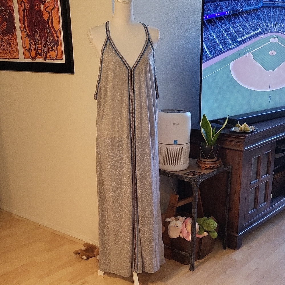 Pitusa Sheer Gray Maxi Dress See-through Peruvian Pattern Ribbon Sleevless